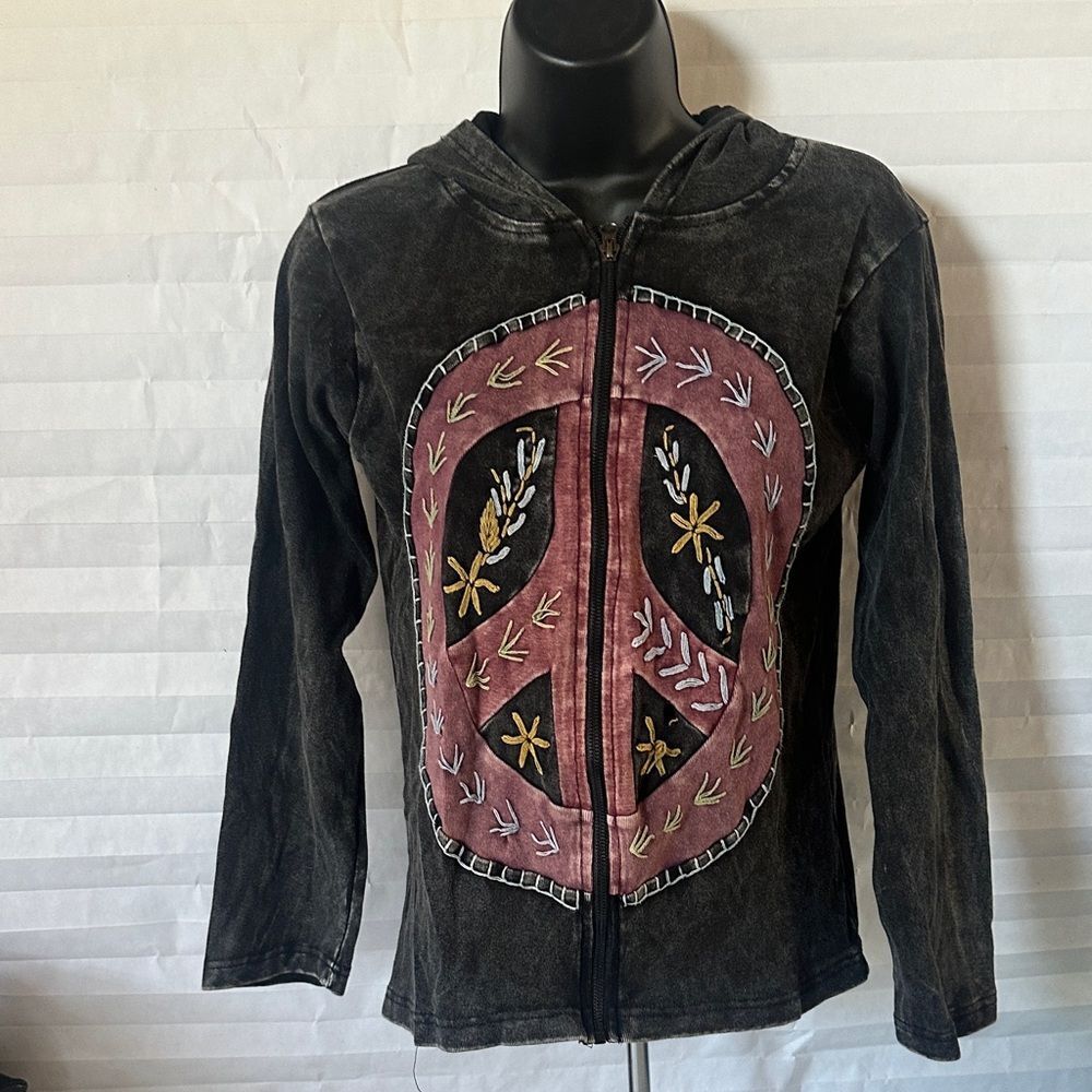 Jayli Black Peace Sign Casual Full‑Zip Sweatshirt – Size Small